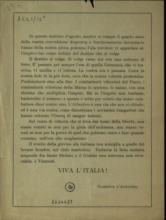 Volantino a stampa lanciato da Gabriele d'Annunzio durante il volo su Vienna del 9 agosto 1918