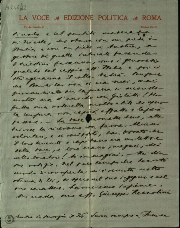 Lettera di Giuseppe Prezzolini a Federico Comandini del 18 luglio 1915.