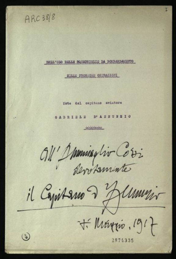 Dattiloscritto di Gabriele d'Annunzio sull'uso delle squadriglie da bombardamento nelle prossime operazioni.