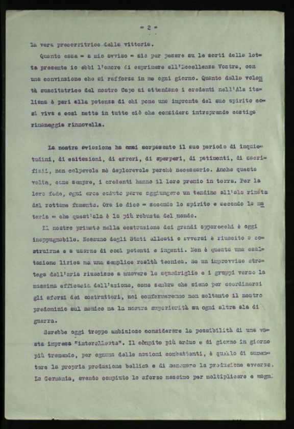 Dattiloscritto di Gabriele d'Annunzio sull'uso delle squadriglie da bombardamento nelle prossime operazioni.