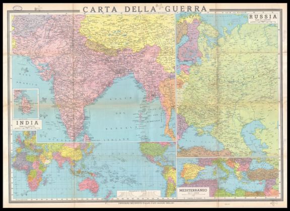 Carta della guerra  : carta politica dimostrativa a otto colori  : Russia, India, Mediterraneo, Planisfero  / Giovanni Or. Dossena capo cartografo dir