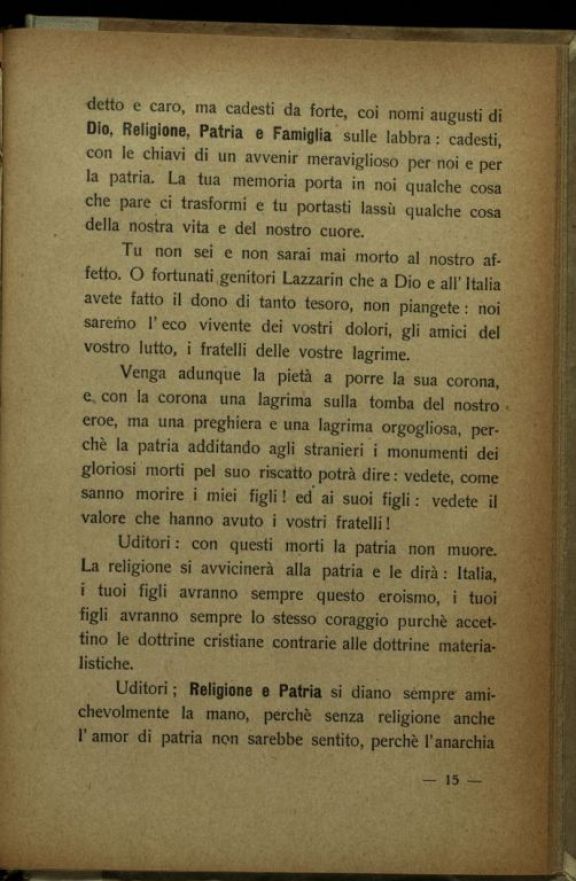 Alla cara memoria del prode sergente Lazzarin Luigi di Massimo  / elogio funebre tenuto dal molto reverendo don Tarquinio Reolon il 29 settembre 1916