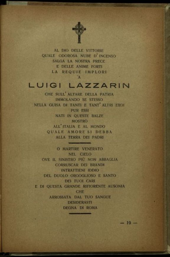 Alla cara memoria del prode sergente Lazzarin Luigi di Massimo  / elogio funebre tenuto dal molto reverendo don Tarquinio Reolon il 29 settembre 1916
