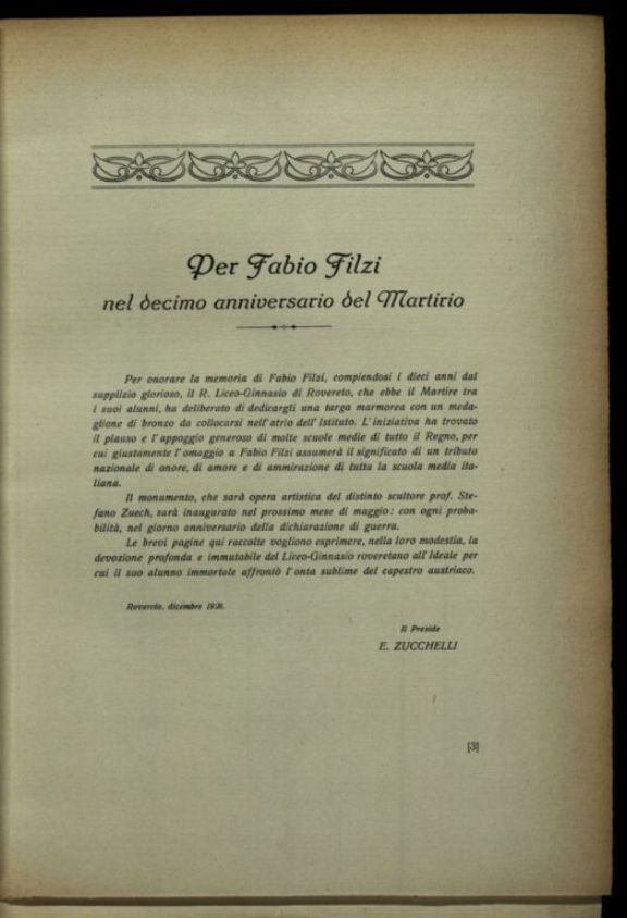 Per Fabio Filzi  : nel decimo anniversario del martirio