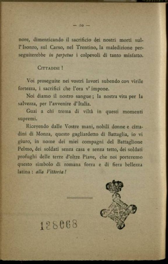 Discorso tenuto dall'irredento tenente Mario Mozzatto per la consegna del gagliardetto di battaglia al battaglione Monte Pelmo  : Monza, ottobre 1918