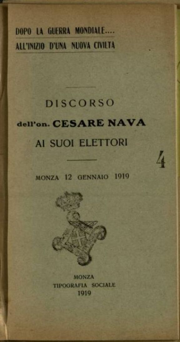 Discorso dell'on. Cesare Nava ai suoi elettori  : Monza 12 gennaio 1919