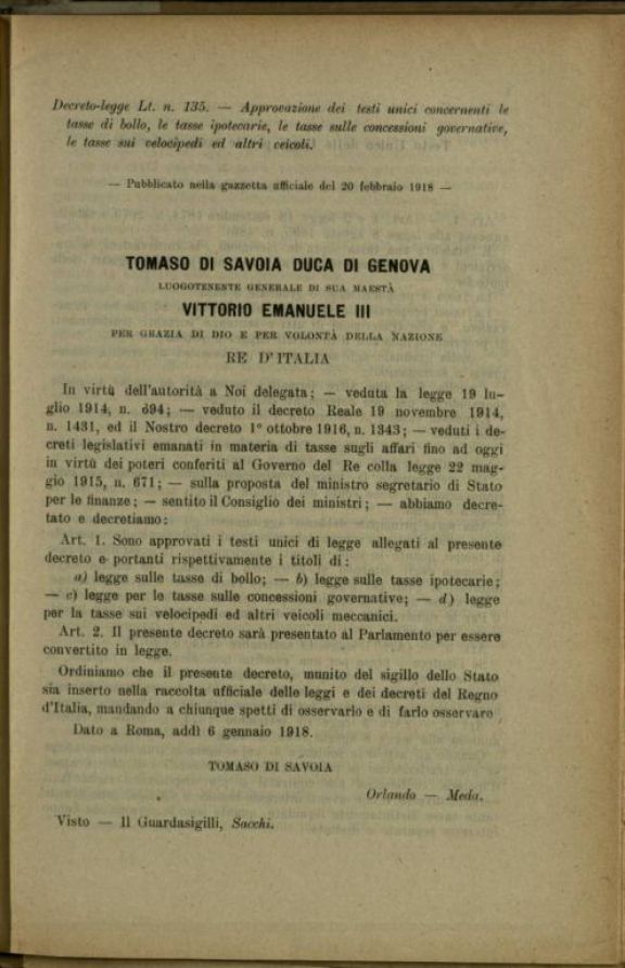 Testo unico della legge per le tasse ipotecarie  : pubblicato con Decreto Luogotenenziale 6 gennaio 1918, n.135