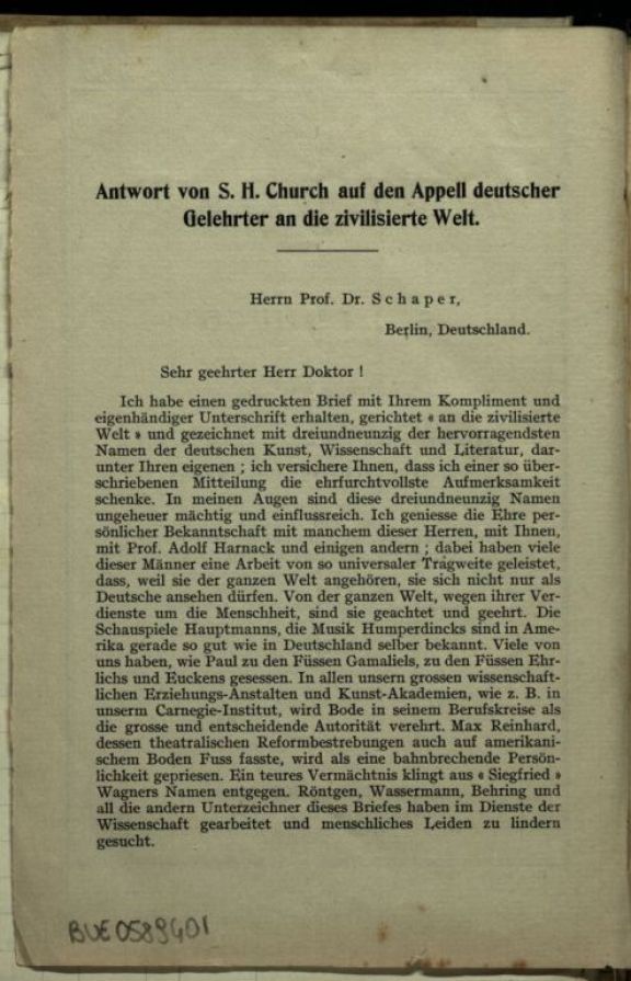 Antwort auf den Appell deutscher Gelehrter an die zivilisierte Welt  / von S.H. Church