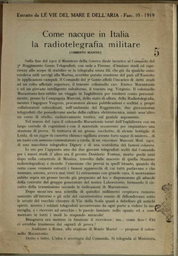 Come nacque in Italia la radiotelegrafia militare  / Umberto Bianchi