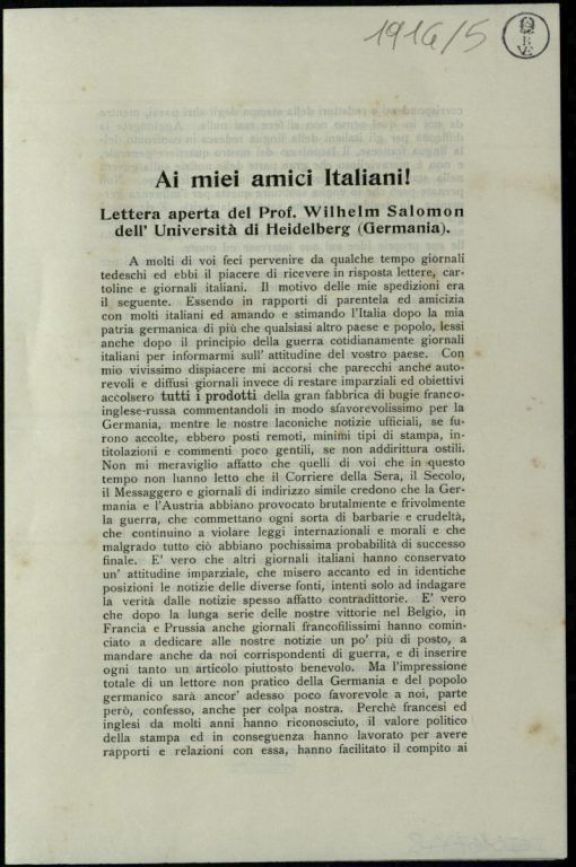 Ai miei amici italiani!  : lettera aperta del prof. Wilhelm Salomon