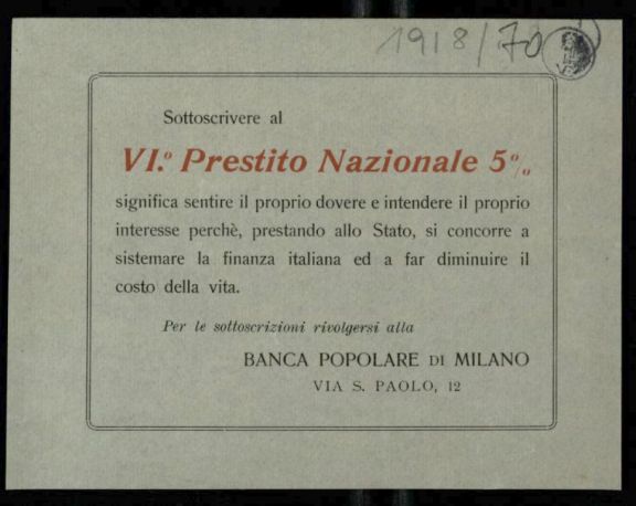 Sottoscrivere al 6. Prestito Nazionale 5% significa sentire il proprio dovere ...  / Banca Popolare di Milano
