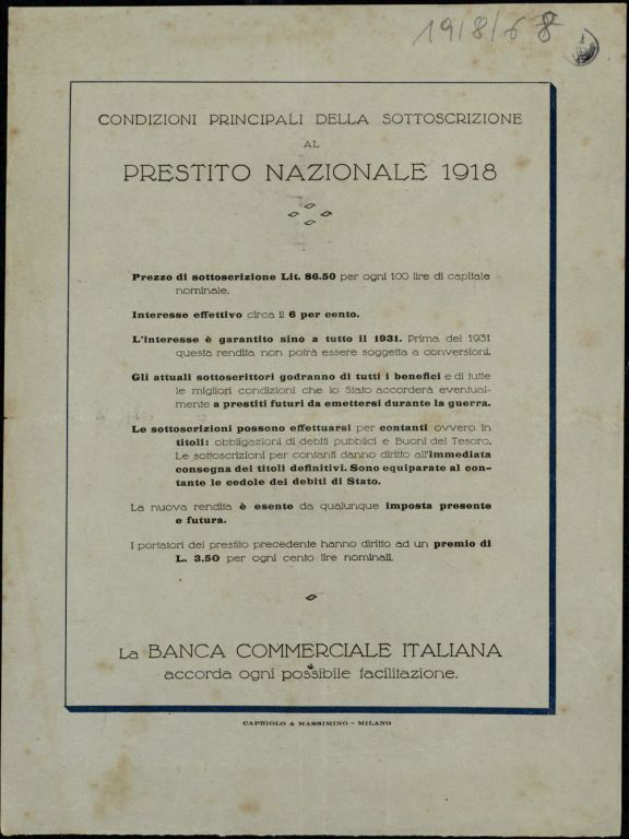 Condizioni principali della sottoscrizione al Prestito Nazionale 1918  / Banca Commerciale Italiana