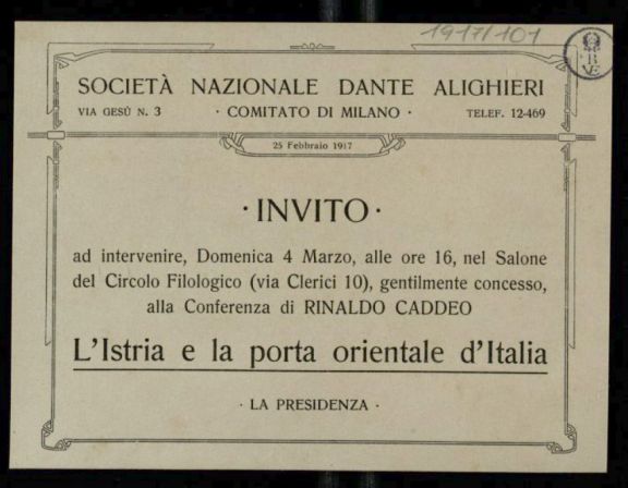 L'*Istria e la porta orientale d'Italia  : invito  / Rinaldo Caddeo  ; Societ