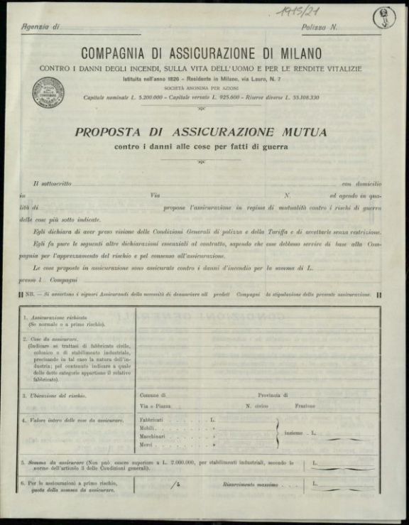 Proposta di Assicurazione mutua  / Compagnia di Assicurazione di Milano