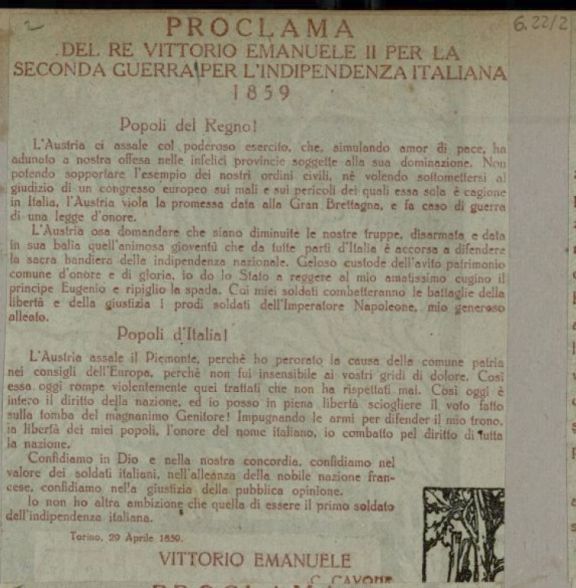 Proclama del re Carlo Alberto per la 2_guerra d'indip. italiana: 1859