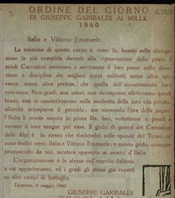 Ordine del giorno di Giuseppe Garibaldi ai mille: 1860