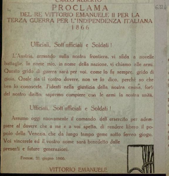 Proclama del re Vittorio Emanuele 2_ per la 3_guerra per l'indip.ital.: 1866