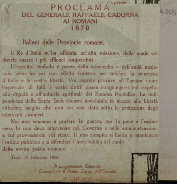 Proclama del generale Raffaele Cadorna ai romani: 1870