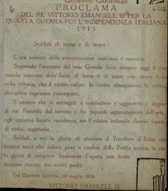 Proclama del re Vittorio Emanuele 3_ per la 4.guerra per l'indip.ital.: 1915