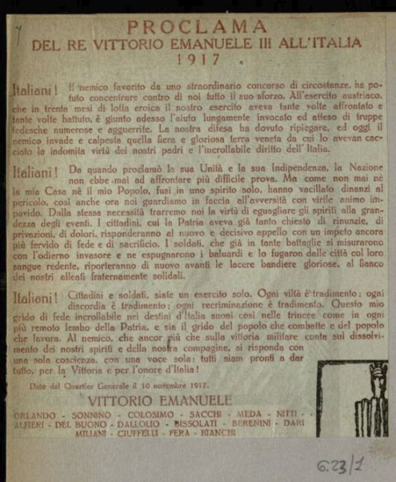 Proclama del re Vittorio Emanuele 3_all'Italia: 1917