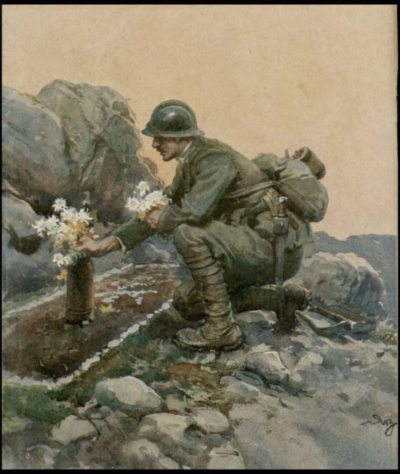 Soldato che pone fiori su una tomba