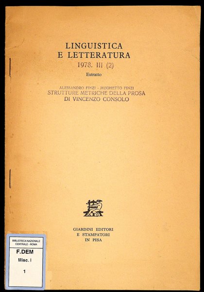 Strutture metriche della prosa di Vincenzo Consolo / Alessandro Finzi, Mughetto Finzi