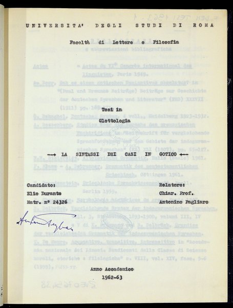 La sintassi dei casi in gotico : tesi in glottologia / Elio Durante ; relatore Antonino Pagliaro