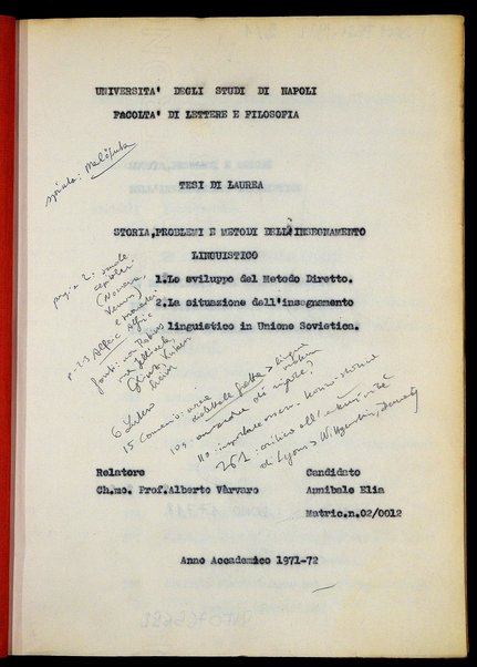 Storia, problemi e metodi dell'insegnamento linguistico : tesi di laurea / Annibale Elia ; relatore: Alberto Varvaro