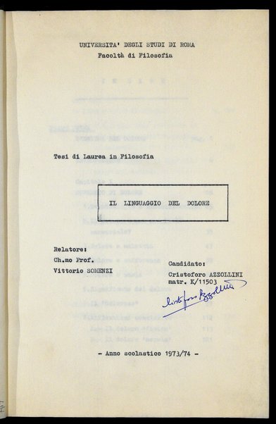 Il linguaggio del dolore : tesi di laurea in Filosofia / Cristoforo Azzollini ; relatore: Vittorio Somenzi