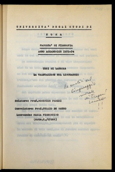 La valutazione nel linguaggio : tesi di laurea / Maria Fiorentino ; relatore: Domenico Parisi ; correlatore: Tullio De Mauro