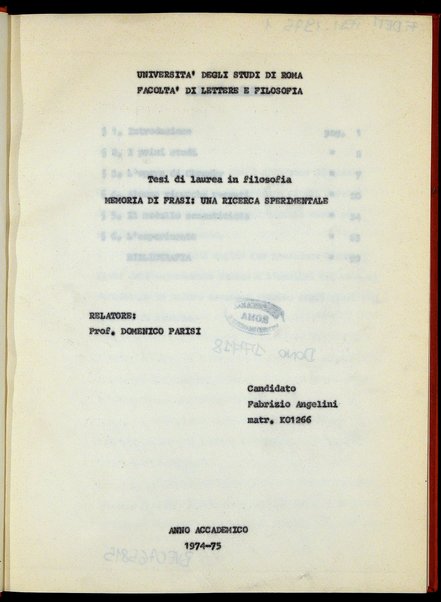 Memoria di frasi : una ricerca sperimentale : tesi di laurea in Filosofia / Fabrizio Angelini ; relatore: Domenico Parisi