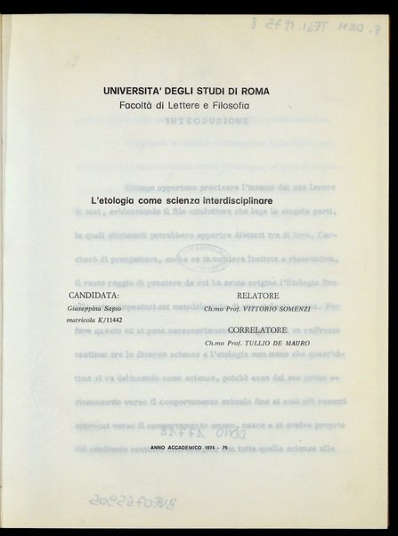 L'etologia come scienza interdisciplinare / Giuseppina Sapio ; relatore: Vittorio Somenzi ; correlatore: Tullio De Mauro