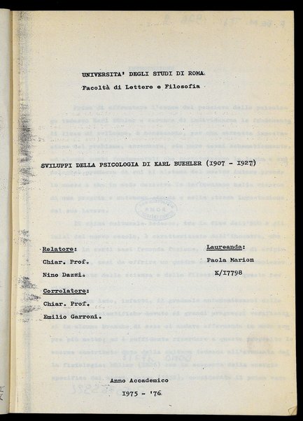 Sviluppi della psicologia di Karl Buehler (1907-1927) / Paola Marion ; relatore: Nino Dazzi ; correlatore: Emilio Garroni