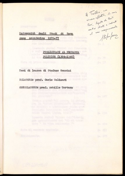 Preliminari al Petrarca (1304-1346) : tesi di laurea / di Stefano Gensini ; relatore: Carlo Salinari ; correlatore: Achille Tartaro