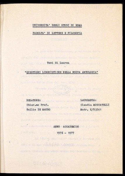 Questioni linguistiche nella nuova antologia : tesi di laurea / Claudia Moscatelli ; relatore: Tullio De Mauro