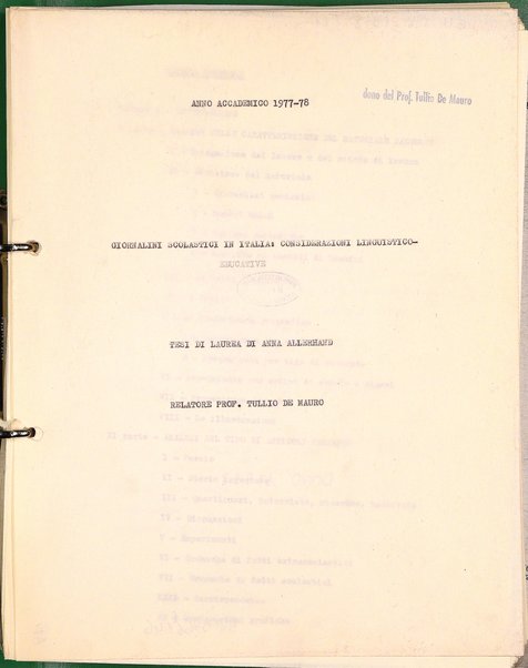 Giornalini scolastici in Italia : considerazioni linguistico-educative : tesi di laurea / di Anna Allerhand ; relatore: Tullio De Mauro