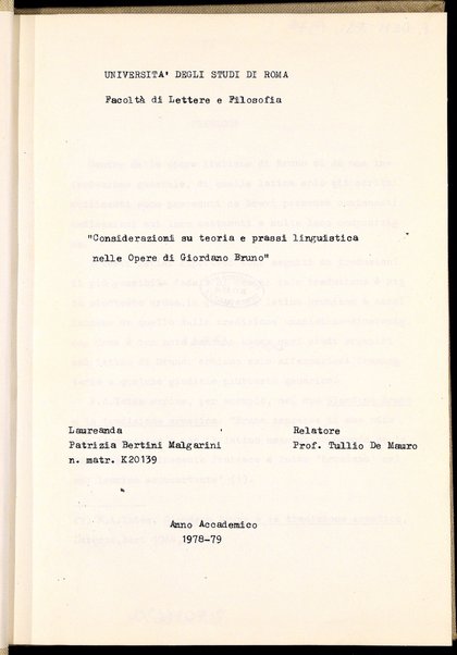 Considerazioni su teoria e prassi linguistica nelle opere di Giordano Bruno / Patrizia Bertini Malgarini ; relatore: Tullio De Mauro