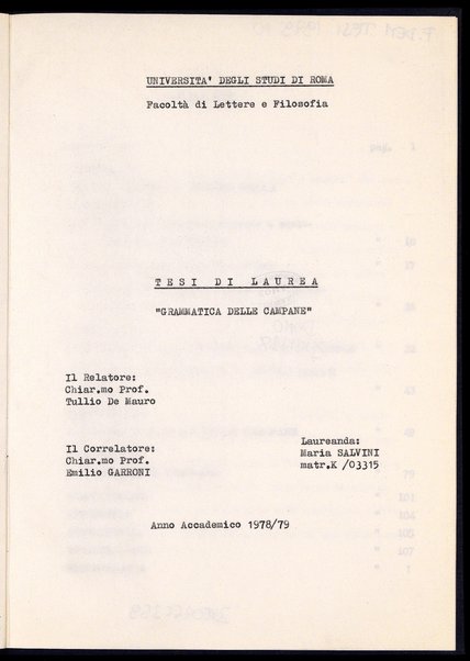 "Grammatica delle campane" : tesi di laurea / Maria Salvini ; relatore: Tullio De Mauro ; correlatore: Emilio Garroni