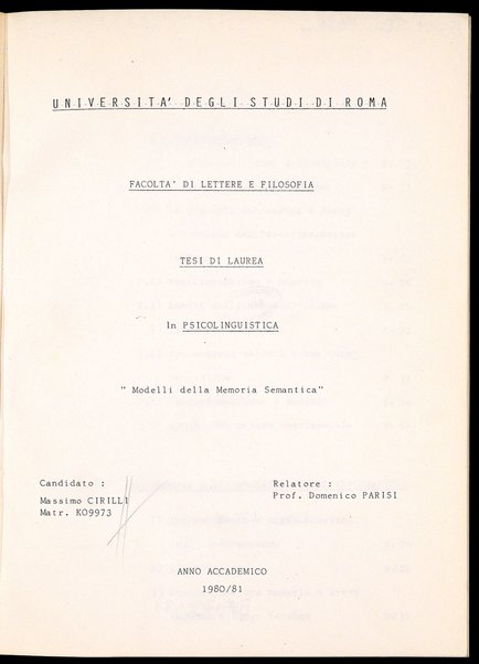 Modelli della memoria semantica : tesi di laurea in Psicolinguistica / Massimo Cirilli ; relatore: Domenico Parisi