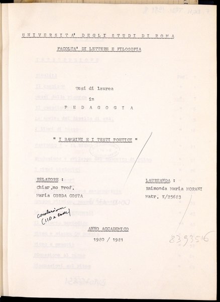 I bambini e i testi poetici : tesi di laurea in Pedagogia / Raimonda Maria Morani ; relatore: Maria Corda Costa