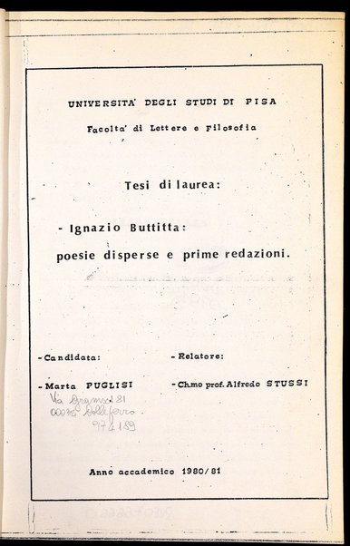 Ignazio Buttitta : poesie disperse e prime redazioni : tesi di laurea / Marta Puglisi ; relatore: Alfredo Stussi