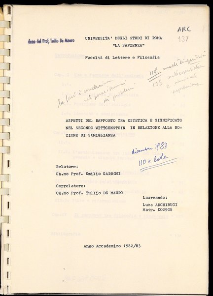 Aspetti del rapporto tra estetica e significato nel secondo Wittgenstein in relazione alla nozione di somiglianza / Luca Archibugi ; relatore: Emilio Garroni ; correlatore: Tullio De Mauro