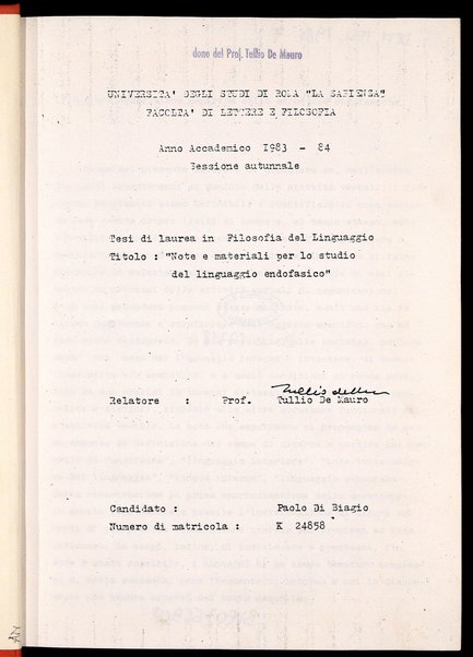 Note e materiali per lo studio del linguaggio endofasico : tesi di laurea in Filosofia del linguaggio / Paolo Di Biagio ; relatore: Tullio De Mauro