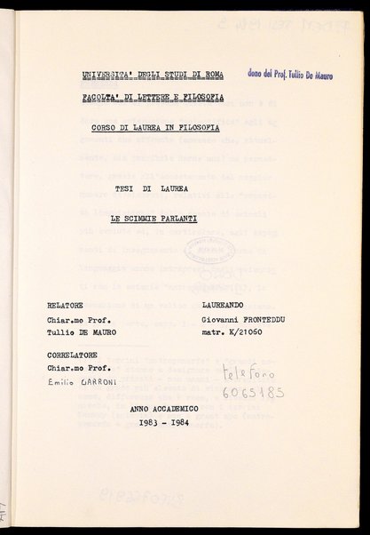 Le scimmie parlanti : tesi di laurea / Giovanni Fronteddu ; relatore: Tullio De Mauro ; correlatore: Emilio Garroni