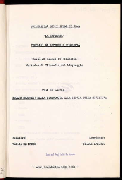 Roland Barthes : dalla semiologia alla teoria della scrittura : tesi di laurea / Silvia Lagorio ; relatore: Tullio De Mauro