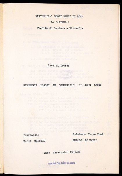 Strumenti logici in Semantics di John Lyons : tesi di laurea / Maria Mannino ; relatore: Tullio De Mauro