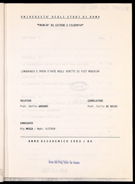 Linguaggio e opera d'arte negli scritti di Piet Mondrian / Nia Musca ; relatore: Emilio Garroni ; correlatore: Tullio De Mauro