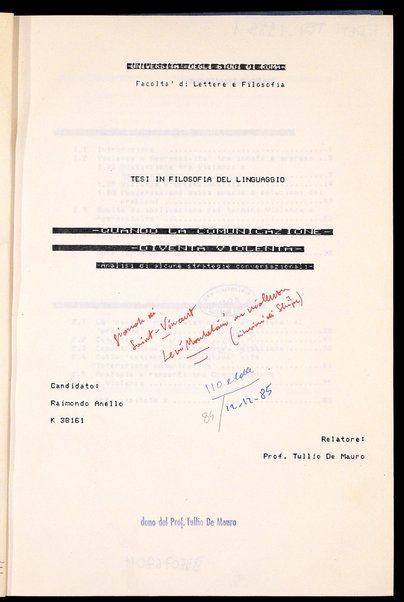 Quando la comunicazione diventa violenta : analisi di alcune strategie conversazionali : tesi in Filosofia del linguaggio / Raimondo Anello ; relatore: Tullio De Mauro