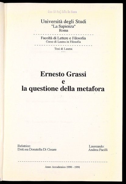 Ernesto Grassi e la questione della metafora : tesi di laurea / Andrea Pacilli ; relatore: Donatella Di Cesare
