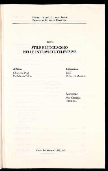 Stile e linguaggio nelle interviste televisive / Aver Graziella ; relatore: Tullio De Mauro ; correlatore: Vedovelli Massimo